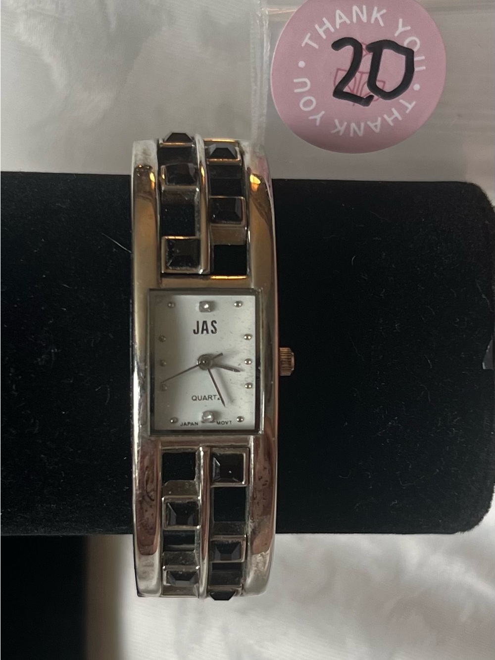 💎 JAS Silver & Black Mosaic Cuff Bangle Watch 💎